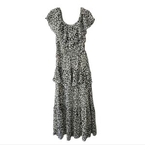 Wild Muse Leopard Midi Dress Ruffle Tiered Smocked Waist Taylor White Black Sz 8